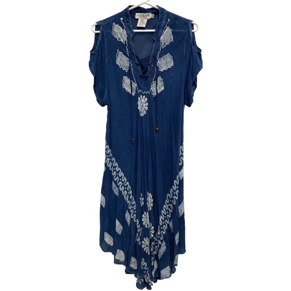 Vintage Y2K Ingear Resort Boho Dress One Size Floral Lace Up Cold Shoulder